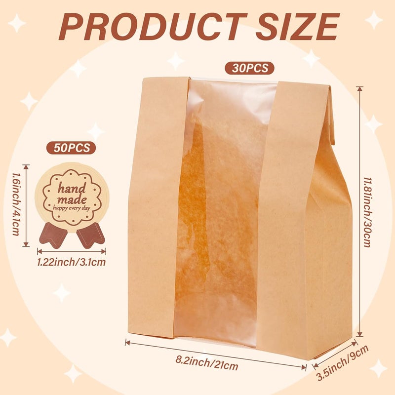 EWVVSS 30 Pcs Paper Bread Bags for Homemade, Sourdough Bread Bags and Paper Bakery Bag with Window for Baked Food Packaging Storage, Pack Breakfast and Lunch, Large Kraft 13.7x8.2x3.5inch Brown - Image 2